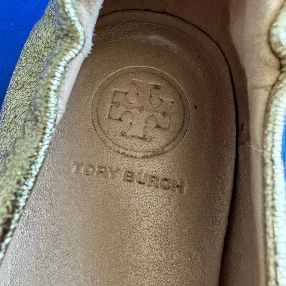 Tory Burch Minnie Travel Ballet Flats Gold Metallic Leather Size 5.5